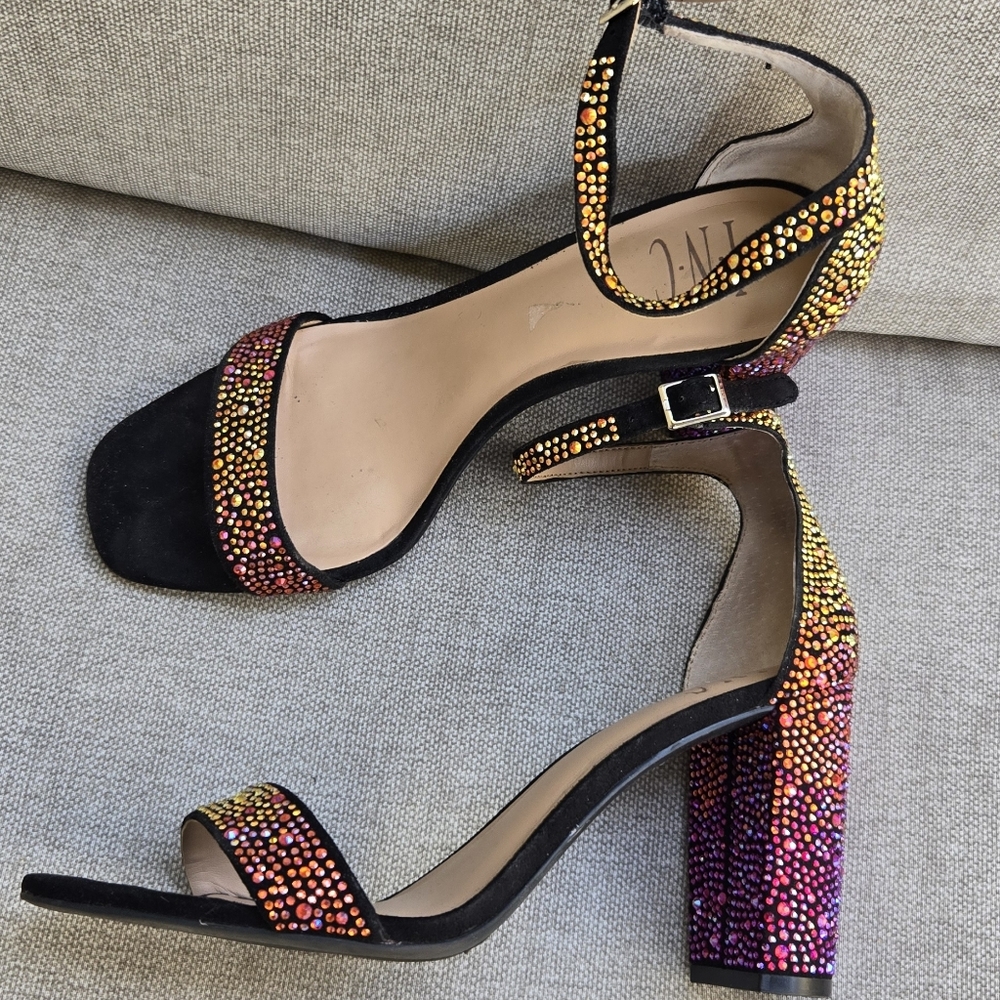 INC Rhinestone Sparkle Ankle Strap Block Heels - Picture 2 of 9